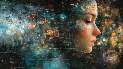 Digital mind woman with intricate circuits as her background