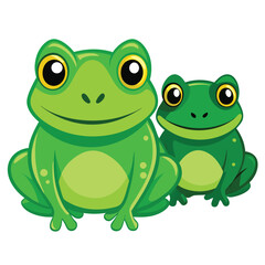 Two vibrant green frogs with striking eyes rest peacefully on White background