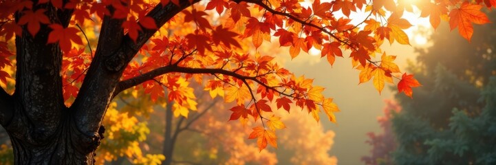 Warm sunlight filters through the branches of a colorful fall tree , fall, natural light