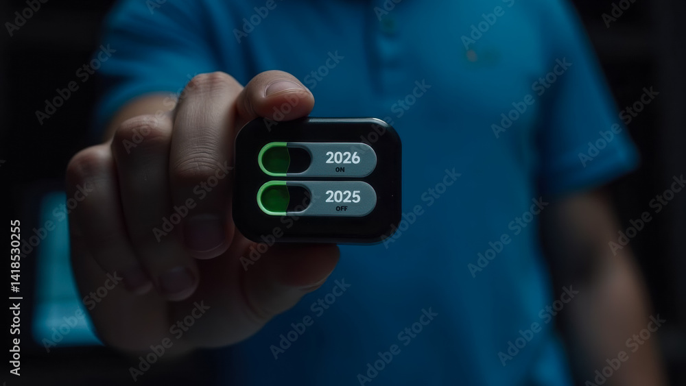 Poster a person holding a digital device showing toggle buttons for years 2025 and 2026 in a darkened envir