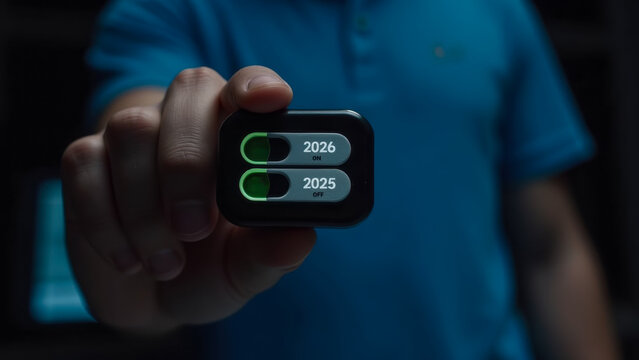 A person holding a digital device showing toggle buttons for years 2025 and 2026 in a darkened environment with soft focus background