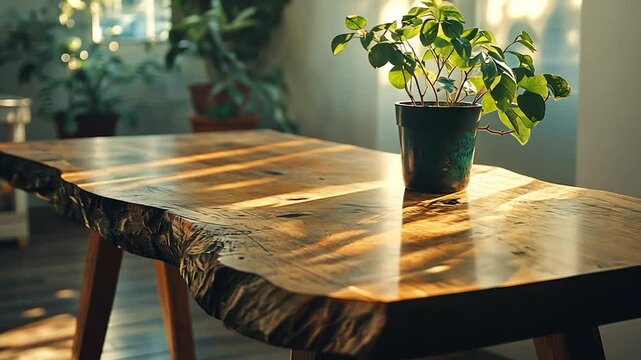 Cozy indoor scene featuring a rustic wooden table with a potted plant