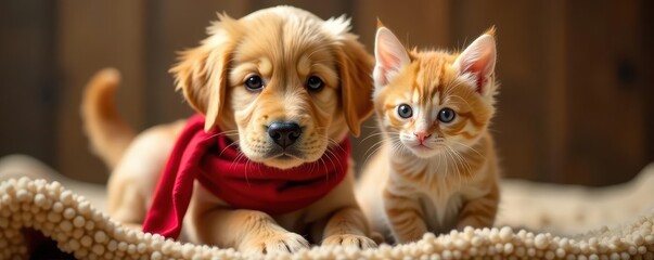Golden retriever puppy, kitten, red scarf, playful gaze, scarf, winter, best friends