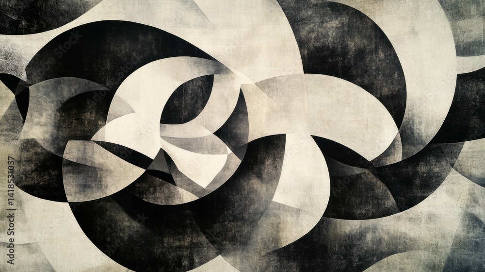 Poster abstract monochrome shapes forming dynamic flowing patterns and designs