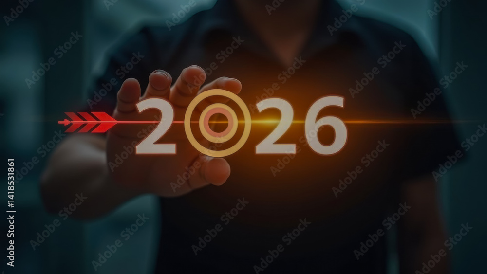 Poster hand reaching towards the target goal for the year 2026 with a bright arrow and soft focus backgroun
