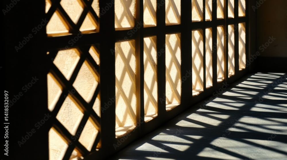 Poster intricate shadow patterns on wall from geometric window design