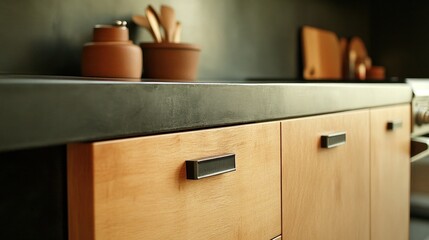 Fototapeta premium Modern kitchen cabinets with a sleek, concrete countertop.