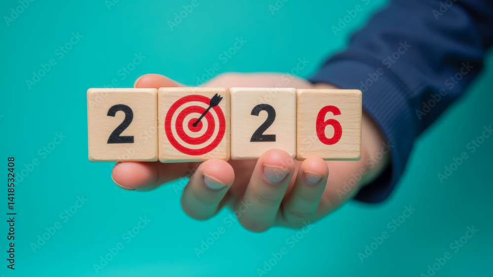 Poster hand holding wooden blocks with numbers 2026 and target symbol representing future goals and aspirat