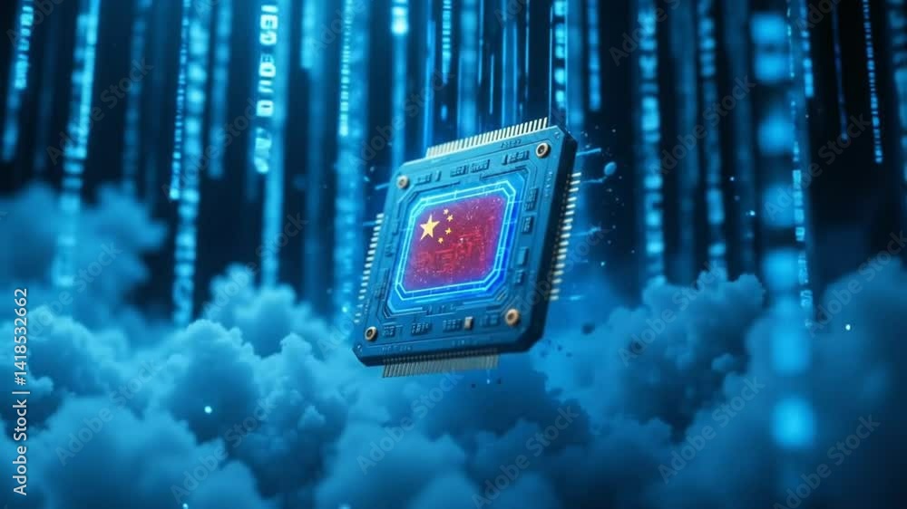 Poster chinese flag microchip floating above clouds with digital rain background