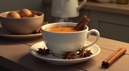 Fototapeta premium A steaming cup of spiced chai latte with star anise and cinnamon sticks sits by a window on a sunlit morning