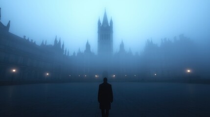 Obraz premium Misty, Gothic Architecture. A lone figure walks toward a historic building shrouded in fog