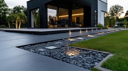Obraz premium Modern home exterior with contemporary landscaping. Spacious patio area and walkway illuminated by subtle lighting. Dark gray paving stones and landscaping