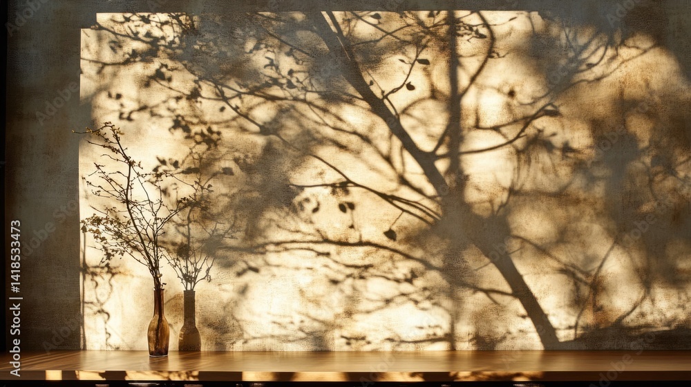 Poster beautiful shadow pattern of tree branches on wall with vases