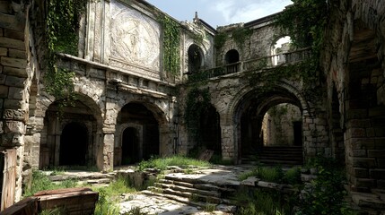 Fototapeta premium Ancient Ruins Overgrown with Greenery in a Sunlit Abandoned Structure