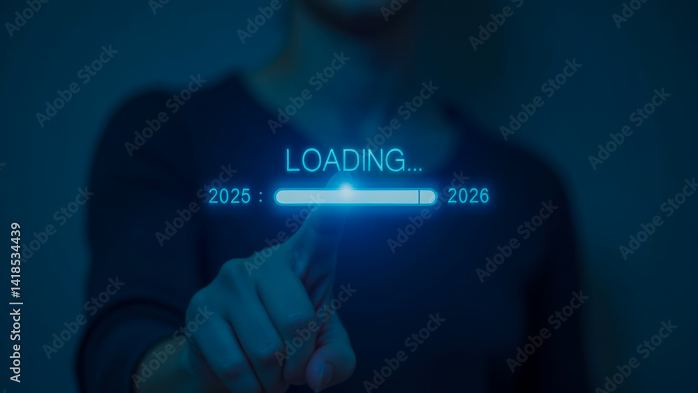 Poster conceptual image of a person interacting with a futuristic loading bar interface displaying years 20