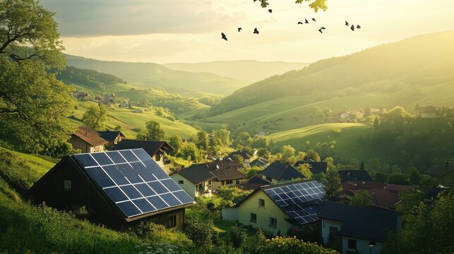 Rooftop solar panels in a rural village with rolling green hills, trees swaying, and birds passing overhead