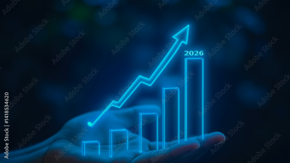 Poster hand holding a neon graph with an upward trend and future projections for 2026 displayed in a digita