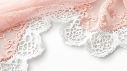 Obraz premium Delicate Lace Fabric with Soft Pink Tulle Over White Background for Elegant Designs