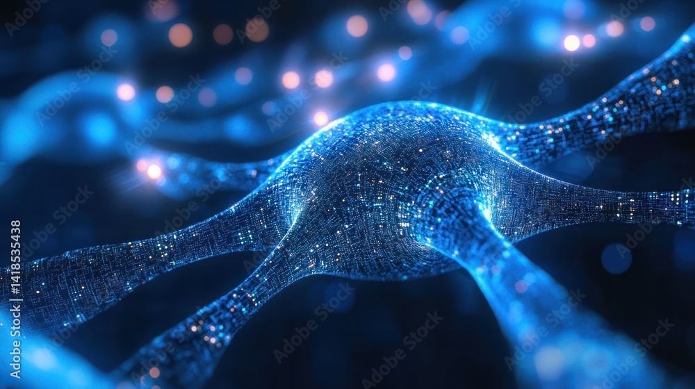 Poster glowing neurons with sparkling connections in a digital background