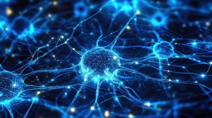 Blue Neural Network with Glowing Neurons and Synaptic Connections