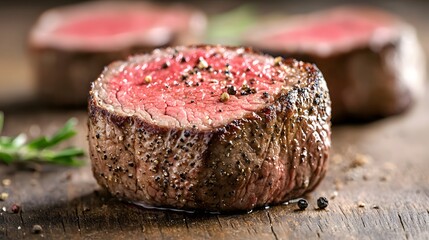 Juicy Raw Beef Fillet Steak on Wooden Surface with Seasoning and Fresh Herbs Display