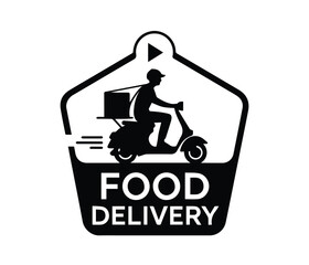 Food Delivery Service Icon, Fast Food Delivery Scooter Rider Silhouette Vector Logo Design.   Minimalist Scooter Vector.