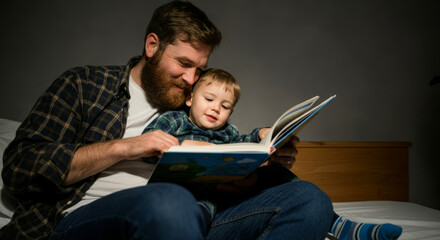 Caucasian father and young son reading together in cozy bedtime setting