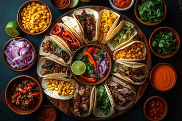 Fototapeta premium Vibrant overhead shot of festive Mexican cuisine, perfect for food events, Taco Tuesdays, or culinary promotions showcasing rich flavors and colorful presentations.
