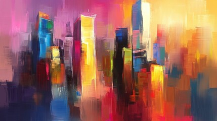 Vibrant cityscape of abstracted skyscrapers painted in thick colorful brushstrokes
