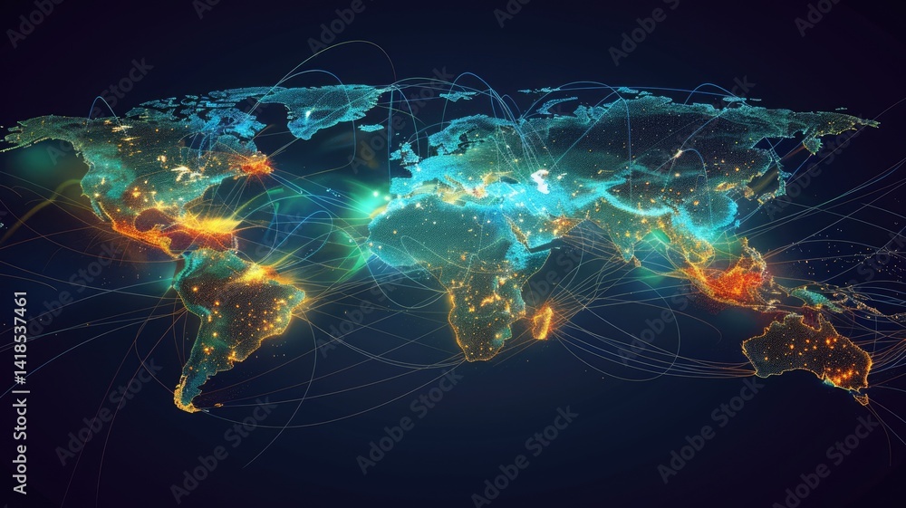 Poster this abstract visualization depicts global network connections, showcasing how information flows acr