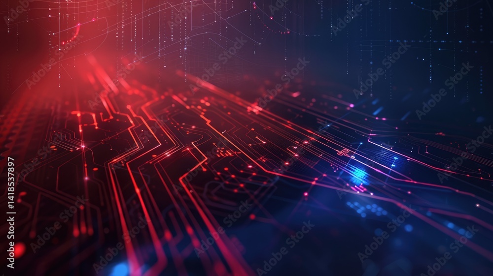 Poster This abstract sci-fi background features minimalistic design elements with vibrant red and blue colors, showcasing intricate circuit patterns and a futuristic aesthetic. Perfect for digital projects.