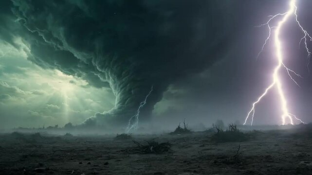 Powerful tornado funnel forming under dark storm clouds with lightning strike