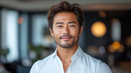 Fototapeta premium Close-up portrait of a smiling man with short brown hair and a goatee, wearing a white collared shirt