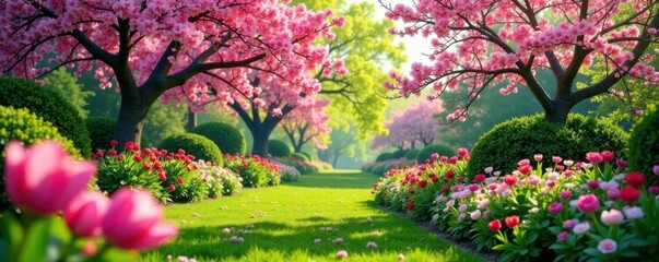 Vibrant spring garden scene with blooming trees and flowers, lush foliage, spring