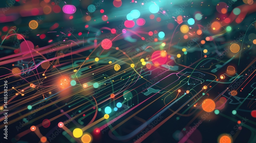 Poster a vibrant abstract background featuring colorful dots and flowing lines, ideal for technology and da