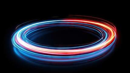 A circular, vibrant display of swirling blue and red light trails.