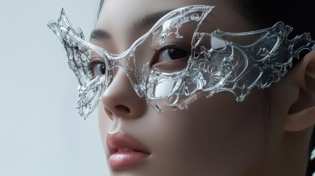 Futuristic, intricate glasses on a woman's face.  Clear, sculpted frames with a delicate, ornate design