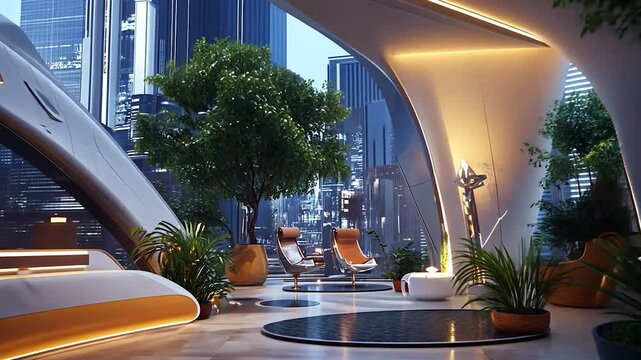 Modern futuristic interior with sleek design and urban skyline view