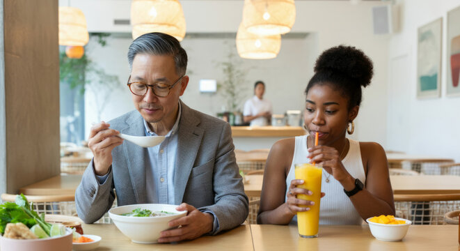 Asian male adult enjoying soup and african female young drinking juice at modern cafe