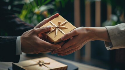 Group of businessman celebrate anniversary or holiday of company in restaurant. Senior manager give gift to employee for success in party. Business activity to increase friendship and teamwork. AIG53.