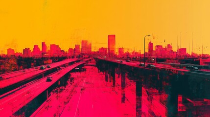 Fototapeta premium Stylized city skyline with elevated highways in red and yellow