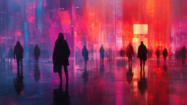 Silhouetted figures walk through vibrant futuristic neon city landscape