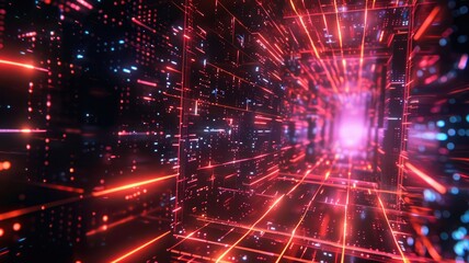 Abstract electric flow with neon light effect in server. Modern Technology age to host domain with particle of data flowing represent database storage. Supercomputer in digital fantasy theme. AIG53.