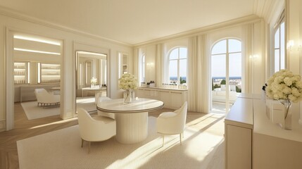 Luxurious, cream-colored interior with a dining area.