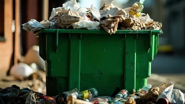 Overflowing green dumpster filled with discarded trash in urban environment
