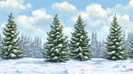 Obraz premium Snowy Winter Landscape with Evergreen Trees Against a Blue Sky and Fluffy Clouds in a Serene Natural Setting