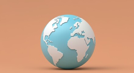 Minimalistic blue and white globe on peach background with continental details