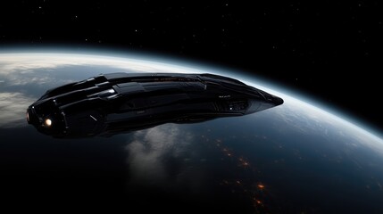 Obraz premium Futuristic spaceship orbiting Earth. A sleek, dark vessel glides gracefully above the planet's blue surface, against the backdrop of star-dusted blackness