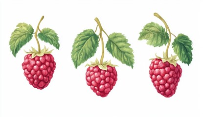 Hand-painted raspberry illustrations with green leaves on white background