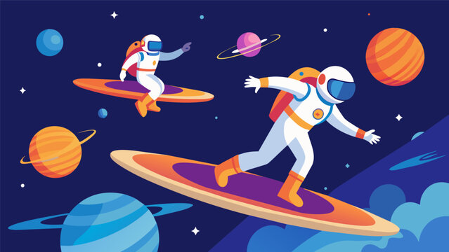 Astronauts simulate the experience of surfing in outer space using a VR surfboard to improve their balance and core strength while also enjoying a. Vector illustration